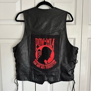 POW MIA Leather Vest Mens Medium Black Side Lace Snap Biker Motorcycle Patch